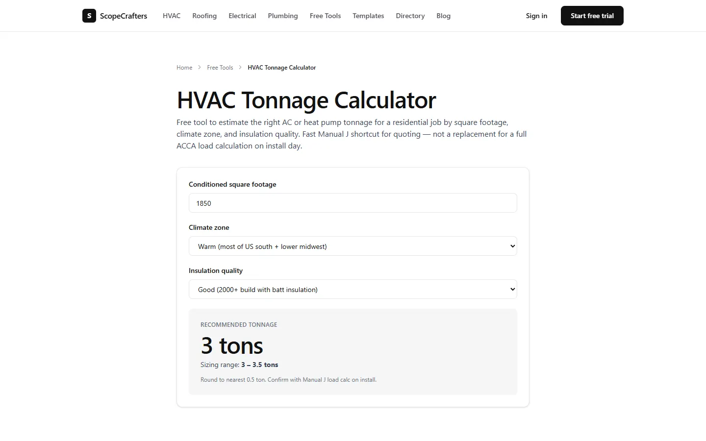 ScopeCrafters free HVAC tonnage calculator recommending 3 tons for 1,850 square feet
