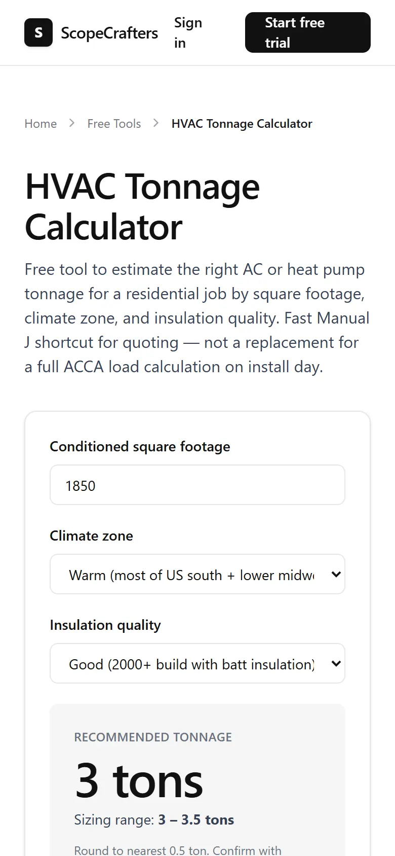 ScopeCrafters HVAC tonnage calculator on mobile